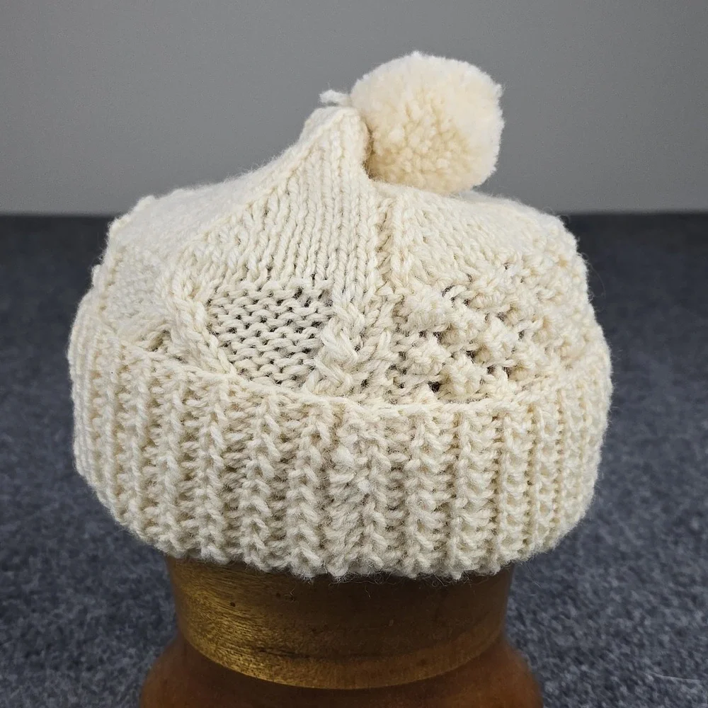 John Molloy Aran Wool Pom Beanie XS Child Cream Ireland‎ Hand Knit 100% Wool